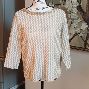 Chico's Chevron Patterned Gold & Cream Sweater With Gold Beading Around Neckline